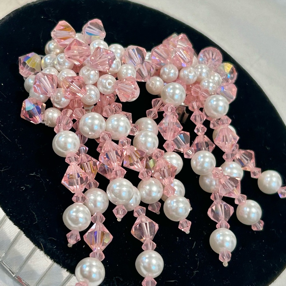 Swarovski Pink Crystal & White Pearl XL cluster Dangle Earring Loaded Beads N🌸